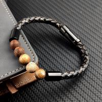 Men Bracelet, Stainless Steel, with PU Leather & Wood, plated & for man, black 