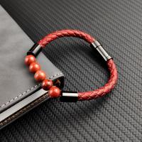 Men Bracelet, Stainless Steel, with PU Leather & Gemstone, plated & for man, red, 8mm 