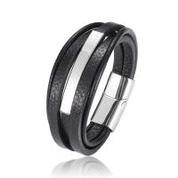 Men Bracelet, Stainless Steel, with PU Leather, plated, for man & multi-strand 21.5CM 
