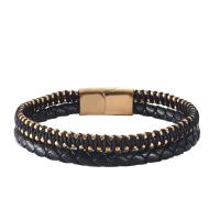 Men Bracelet, Stainless Steel, with PU Leather, plated, for man & multi-strand 21.5CM 