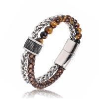 Men Bracelet, Stainless Steel, with PU Leather & Gemstone, plated, for man & multi-strand 21.5CM 