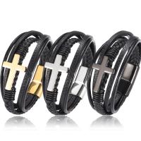 Men Bracelet, Stainless Steel, with PU Leather, plated, for man & multi-strand 21.5cm 