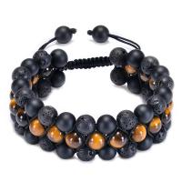 Gemstone Bracelets, Tiger Eye, with Abrazine Stone, three layers & fashion jewelry & Unisex, black 