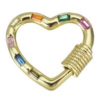 Мода карабина брелок, Латунь, Сердце, плакирован золотом, инкрустированное микро кубического циркония, разноцветный продается PC