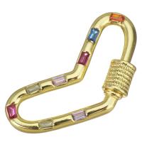 Mode mousqueton porte-clés, laiton, coeur, Placage de couleur d'or, pavé de micro zircon, multicolore Vendu par PC