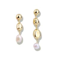 Brass Drop Earring, with Freshwater Pearl & Zinc Alloy, irregular, gold color plated, for woman, white 