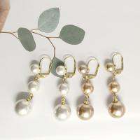 Brass Lever Back Earring, with Freshwater Pearl, gold color plated, for woman 52mm 