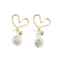 Freshwater Pearl Brass Earring, with Freshwater Pearl, gold color plated, for woman, white 