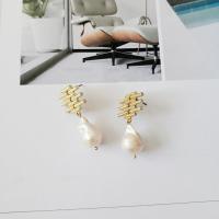 Freshwater Pearl Brass Earring, with Freshwater Pearl, gold color plated, for woman, white, 38mm 