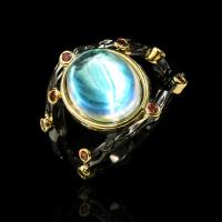 Edelstein Messing Finger Ring, mit Nachtlicht+Stein, Modeschmuck, schwarz, verkauft von PC