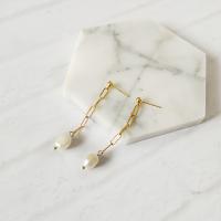Brass Drop Earring, with Freshwater Pearl, gold color plated, for woman, white, 58mm 