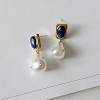 Brass Drop Earring, with Plastic Pearl, gold color plated, with rhinestone, white 