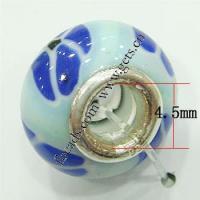 Porcelaine, European Perles , porcelaine, rondelle, avec le motif de fleurs & noyau double en argent sans filetage, bleu Environ 4.5mm, Vendu par PC
