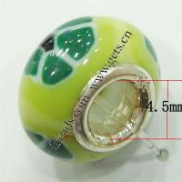 Porcelaine, European Perles , porcelaine, rondelle, avec le motif de fleurs & noyau double en argent sans filetage, vert Environ 4.5mm, Vendu par PC