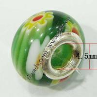 Perles European verre Millefiori, rondelle, avec le motif de fleurs & noyau double en argent sans filetage, vert Environ 4.5mm, Vendu par PC