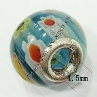 Millefiori Glass European Beads, Rondelle, sterling silver double core without troll 