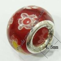 Millefiori Glass European Beads, Rondelle, sterling silver double core without troll, red Approx 4.5mm 
