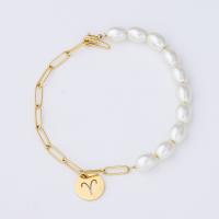 Stainless Steel Charm Bracelet, with Plastic Pearl, fashion jewelry, gold 