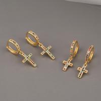 Huggie Hoop Drop Earring, Brass, Cross, gold color plated & micro pave cubic zirconia & for woman 