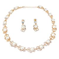 Rhinestone Zinc Alloy Jewelry Set, earring & necklace, with Plastic Pearl, gold color plated, for woman & with rhinestone, white .7 Inch 