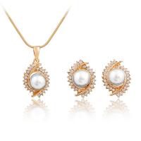 Rhinestone Zinc Alloy Jewelry Set, Stud Earring & necklace, with Plastic Pearl, gold color plated, for woman & with rhinestone, white, 21mm Inch 