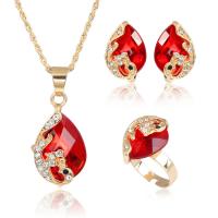 Rhinestone Zinc Alloy Jewelry Set, Stud Earring & finger ring & necklace, with Crystal, gold color plated, for woman & with rhinestone 