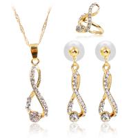 Rhinestone Zinc Alloy Jewelry Set, finger ring & earring & necklace, gold color plated, for woman & with rhinestone 
