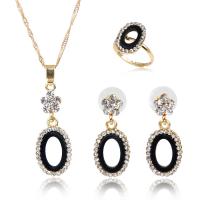 Rhinestone Zinc Alloy Jewelry Set, finger ring & earring & necklace, gold color plated, for woman & with rhinestone, black 