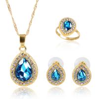 Rhinestone Zinc Alloy Jewelry Set, finger ring & earring & necklace, gold color plated, for woman & with rhinestone, blue 
