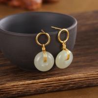 Sterling Silver Drop Earring, 925 Sterling Silver, with Hetian Jade, Round, plated, fashion jewelry & for woman, golden, 24*12mm 