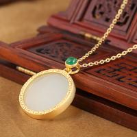 Sterling Silver Jewelry Necklace, 925 Sterling Silver, with Hetian Jade, Round, plated, fashion jewelry & for woman, golden, 400+30*26*25mm 