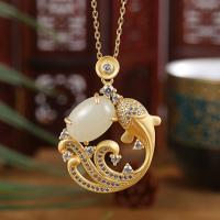 Sterling Silver Jewelry Necklace, 925 Sterling Silver, with Hetian Jade, Fish, plated, fashion jewelry & for woman, golden, 400+30*37*28mm 