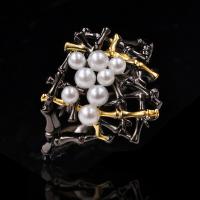 Brass Finger Ring, with Freshwater Pearl, gun black plated & for woman, white 
