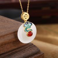 Sterling Silver Jewelry Necklace, 925 Sterling Silver, with Hetian Jade, Round, plated, fashion jewelry & for woman, golden, 400+30*20*30mm 