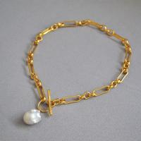 Collar de latón hecho a mano, metal, con Perlas cultivadas de agua dulce, chapado en color dorado, para mujer, 2-2.5cm, longitud:aproximado 17.71 Inch, Vendido por Sarta