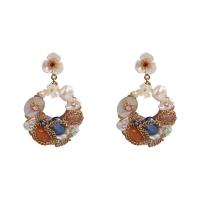 Brass Drop Earring, with 925 Sterling Silver & Freshwater Pearl, gold color plated, for woman, multi-colored 