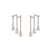 Brass Drop Earring, with 925 Sterling Silver & Plastic Pearl, platinum color plated, for woman & with rhinestone, white 