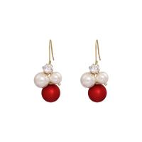 Brass Drop Earring, with 925 Sterling Silver & Plastic Pearl, gold color plated, for woman & with rhinestone, red 
