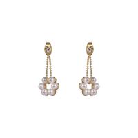 Brass Drop Earring, with 925 Sterling Silver & Plastic Pearl, gold color plated, for woman & with rhinestone, white 