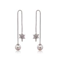 Brass Thread Through Earrings, with 925 Sterling Silver & Plastic Pearl, silver color plated, micro pave cubic zirconia & for woman, white 