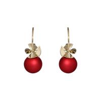 Brass Drop Earring, with 925 Sterling Silver & Plastic Pearl, gold color plated, for woman, red 