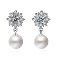 Brass Drop Earring, with 925 Sterling Silver & Plastic Pearl, silver color plated, micro pave cubic zirconia & for woman, white 