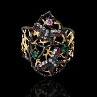 Rhinestone Brass Finger Ring, gun black plated & for woman & with rhinestone, multi-colored 