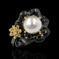 Brass Finger Ring, with Plastic Pearl, gun black plated & for woman, white 