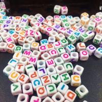Acryl Alphabet Perlen, Quadrat, DIY & mit Brief Muster & Emaille, farbenfroh, 7x7mm, Bohrung:ca. 4mm, verkauft von PC