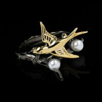 Brass Finger Ring, with Plastic Pearl, gun black plated & for woman, gold 