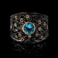Rhinestone Brass Finger Ring, gun black plated & for woman & with rhinestone, blue 