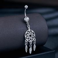 Brass Belly Ring, Dream Catcher, platinum plated, micro pave cubic zirconia & for woman 
