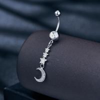 Brass Belly Ring, Moon and Star, platinum plated, micro pave cubic zirconia & for woman 