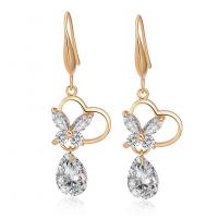 Brass Drop Earring, Butterfly, real gold plated, micro pave cubic zirconia & for woman, 42mm 